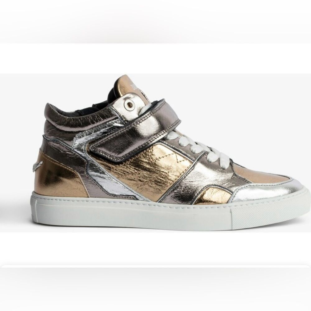 NEW Zadig & Voltaire Silver Gold Mid Top Flash Vintage Metallic Mix Sneakers 6.5